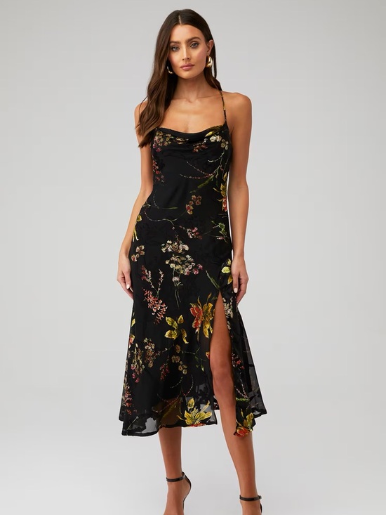 Astr Dresses & Skirts - Astr Black Floral Midi Dress with Yellow & Green Accents